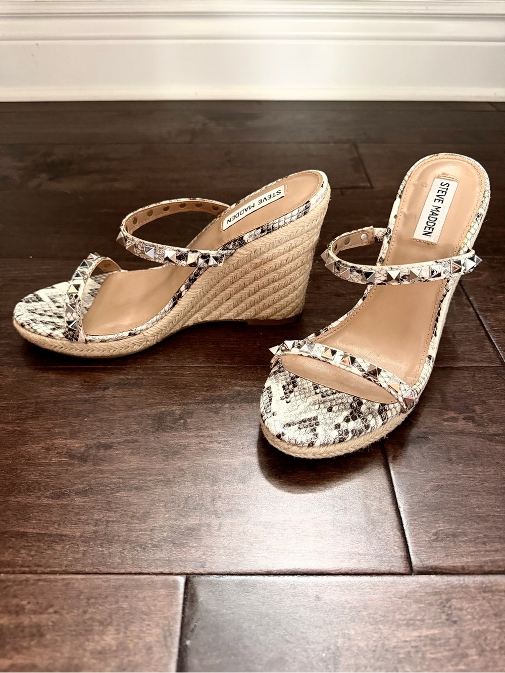 Steve Madden Snake-Print Studded Espadrille Wedges in Ivory and Black